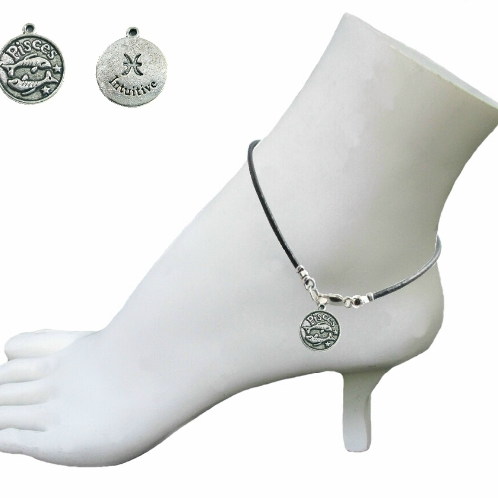 Black Leather Anklet ~ Pisces Zodiac Charm